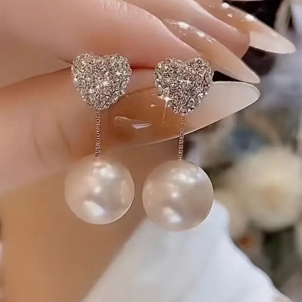 Elegant Silver Heart and Pearl Drop Earrings 1.26 inches long  drop